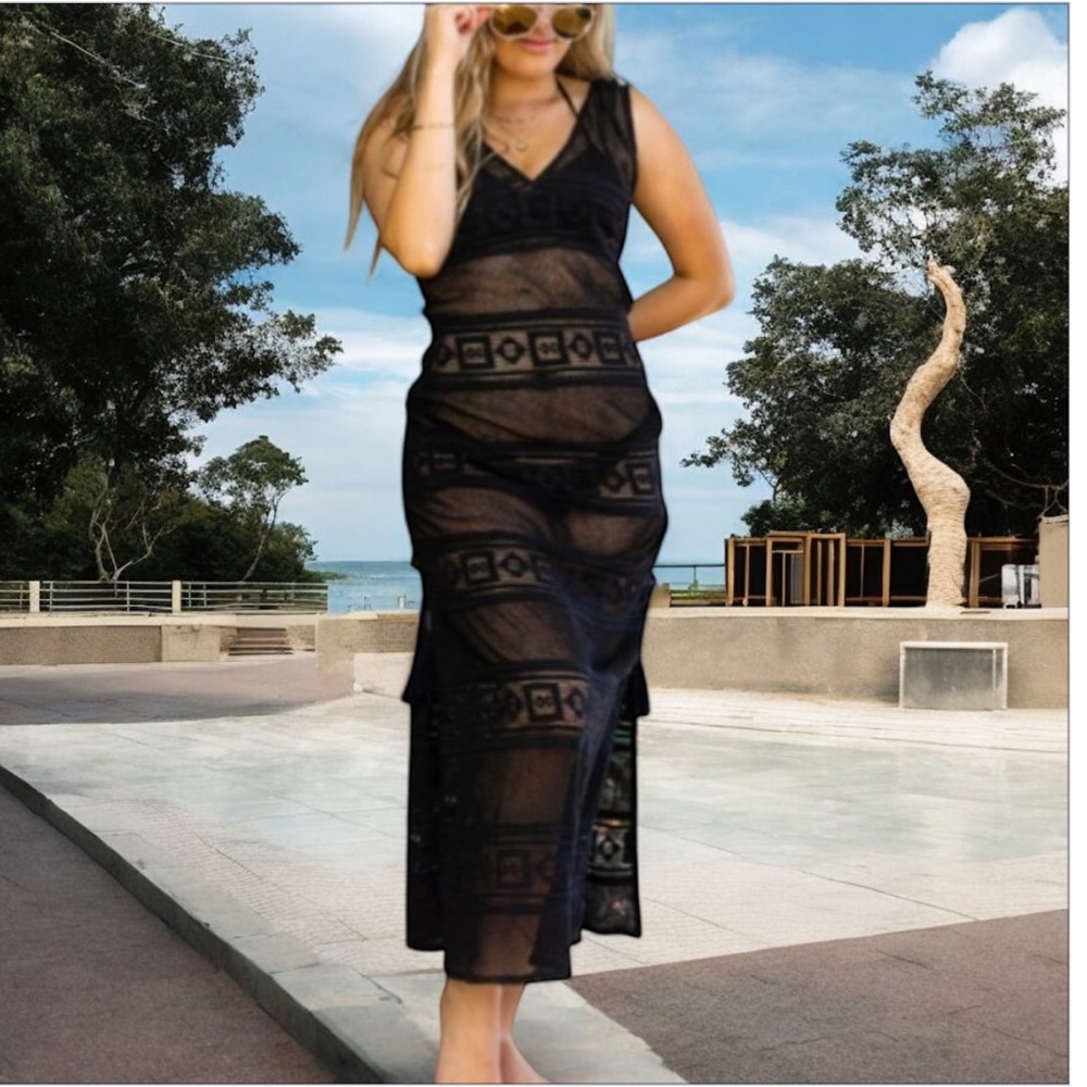 Victoria’s Secret  Crochet Black Sheer Mesh Geometric Maxi Beach Cover-Up Dress